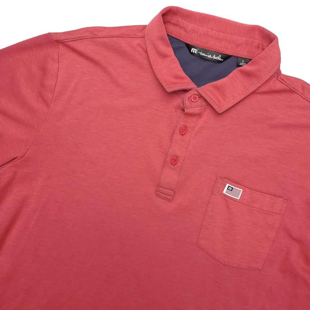 TravisMathew Polo Shirt Mens L Red Solid Pocket Patriotic Flag Logo Top